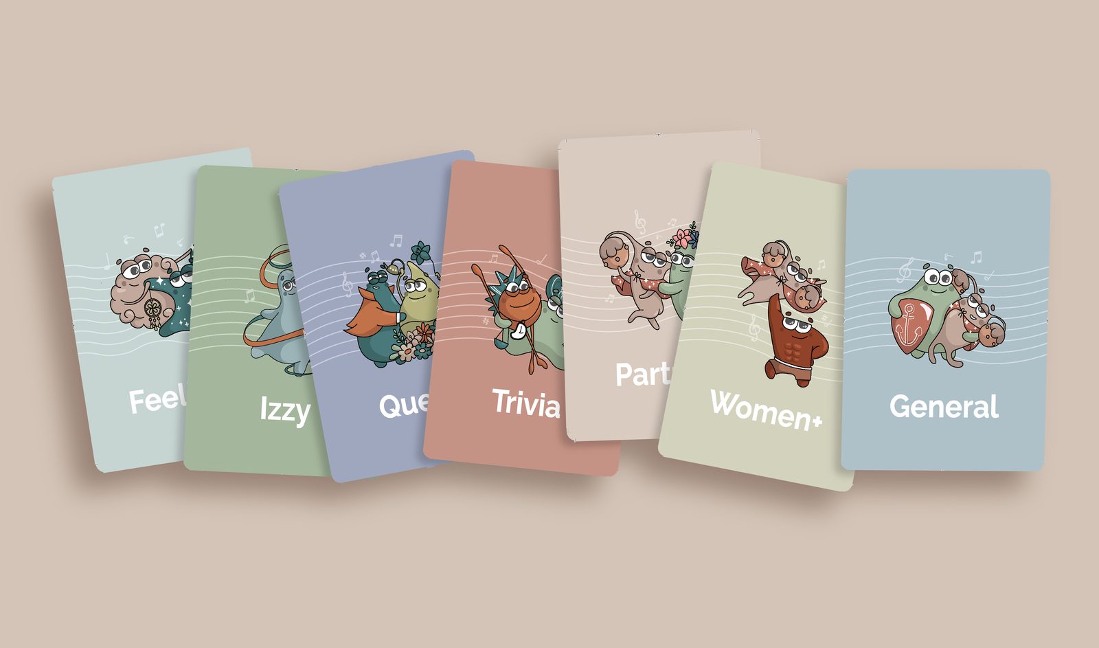 Let's Get In Tune™ card game — all seven category cards fanned out