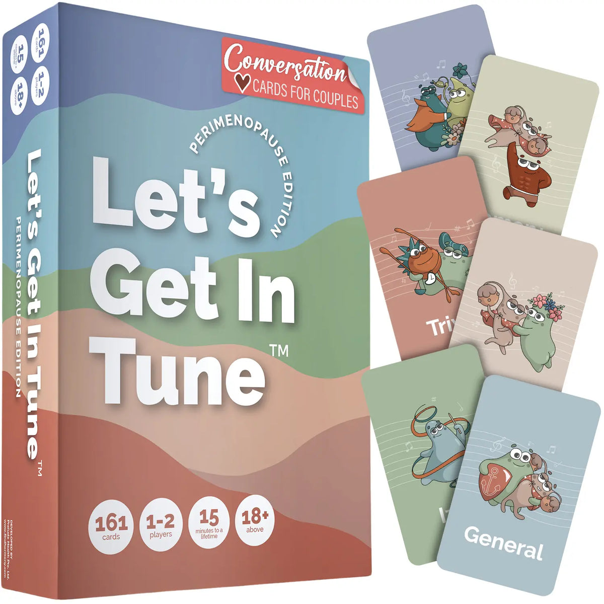 Let's Get In Tune® Perimenopause Edition box with conversation cards for couples: 161 cards, 1 to 2 players, 15 minutes, ages 18 and above