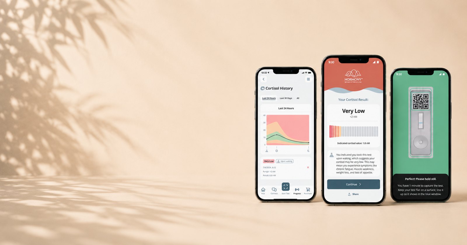 The Hormony app and rapid saliva test shown across three phone screens