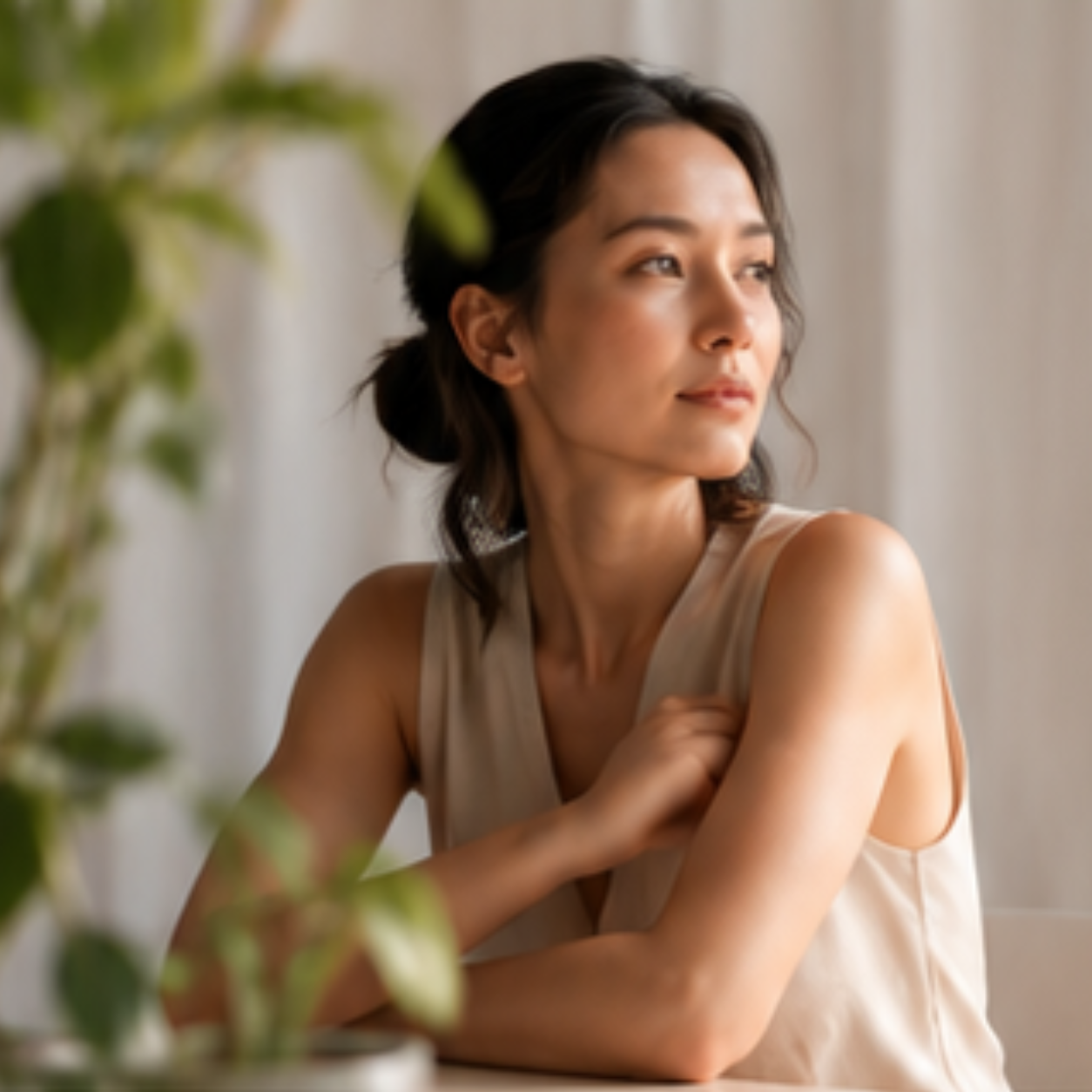 Woman sitting quietly, thoughtful expression, soft natural light