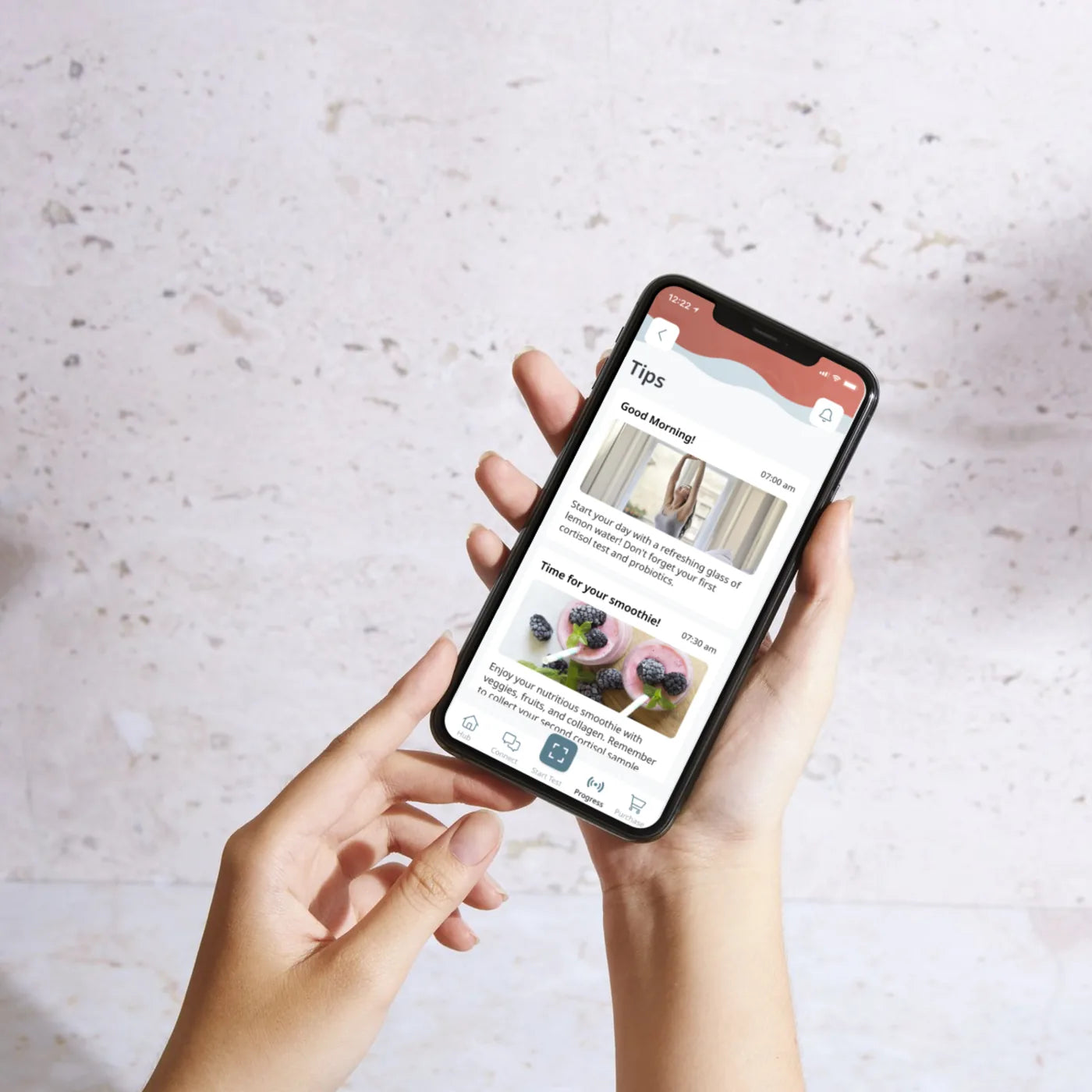 Woman viewing her Hormony® cortisol results and ongoing rhythm in the app